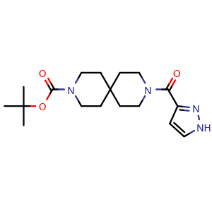 Chemical structure of 1,1-Dimethylethyl 9-(1H-pyrazol-3-ylcarbonyl)-3,9-diazaspiro[5.5]undecane-3-carboxylate , CAS 2094623-32-0, AChemBlock AD281723