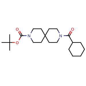 Chemical structure of 1,1-Dimethylethyl 9-(cyclohexylcarbonyl)-3,9-diazaspiro[5.5]undecane-3-carboxylate , CAS 2791704-60-2, AChemBlock AD281724