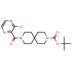 Chemical structure of 1,1-Dimethylethyl 9-[(3-chloro-2-pyrazinyl)carbonyl]-3,9-diazaspiro[5.5]undecane-3-carboxylate , CAS 2323535-25-5, AChemBlock AD281726