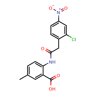 Chemical structure of 2-[[2-(2-Chloro-4-nitrophenyl)acetyl]amino]-5-methylbenzoic acid , CAS 1827389-07-0, AChemBlock AD281732