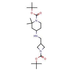 Chemical structure of tert-Butyl 4-(((1-(tert-butoxycarbonyl)azetidin-3-yl)methyl)amino)-2,2-dimethylpiperidine-1-carboxylate , CAS 2002977-92-4, AChemBlock AD281742