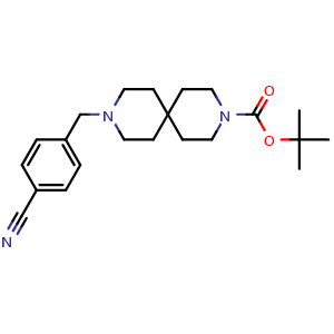 Chemical structure of 1,1-Dimethylethyl 9-[(4-cyanophenyl)methyl]-3,9-diazaspiro[5.5]undecane-3-carboxylate , CAS 2787945-29-1, AChemBlock AD281747