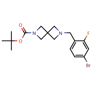 Chemical structure of 1,1-Dimethylethyl 6-[(4-bromo-2-fluorophenyl)methyl]-2,6-diazaspiro[3.3]heptane-2-carboxylate , CAS 2658468-00-7, AChemBlock AD281749