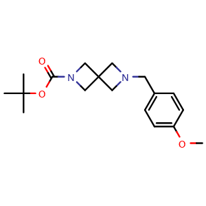 Chemical structure of 1,1-Dimethylethyl 6-[(4-methoxyphenyl)methyl]-2,6-diazaspiro[3.3]heptane-2-carboxylate , CAS 2383505-67-5, AChemBlock AD281750
