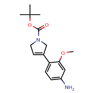Chemical structure of 1,1-Dimethylethyl 3-(4-amino-2-methoxyphenyl)-2,5-dihydro-1H-pyrrole-1-carboxylate , CAS 2172316-09-3, AChemBlock AD281758