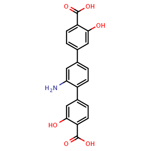 Chemical structure of 2'-Amino-3,3''-dihydroxy-[1,1':4',1''-terphenyl]-4,4''-dicarboxylic acid , CAS 1613451-82-3, AChemBlock AD281784