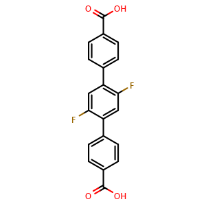 Chemical structure of 2',5'-Difluoro-[1,1':4',1''-terphenyl]-4,4''-dicarboxylic acid , CAS 2099718-79-1, AChemBlock AD281790