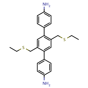 Chemical structure of 2',5'-Bis((ethylthio)methyl)-[1,1':4',1''-terphenyl]-4,4''-diamine , CAS 2231404-37-6, AChemBlock AD281791