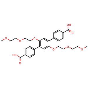 Chemical structure of 2',5'-Bis(2-(2-methoxyethoxy)ethoxy)-[1,1':4',1''-terphenyl]-4,4''-dicarboxylic acid , CAS 2940880-79-3, AChemBlock AD281800