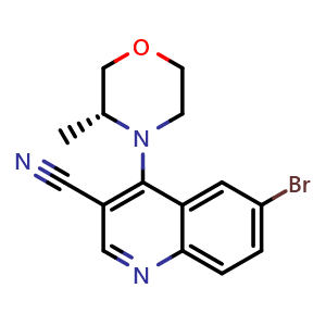 Chemical structure of (R)-6-Bromo-4-(3-methylmorpholino)quinoline-3-carbonitrile , CAS 2642040-17-1, AChemBlock AD281836