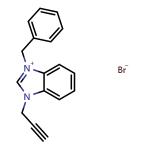 Chemical structure of 3-Benzyl-1-(prop-2-yn-1-yl)-1H-benzo[d]imidazol-3-ium bromide , CAS 1870803-26-1, AChemBlock AD281837