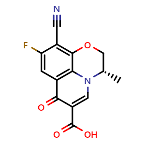 Chemical structure of (S)-10-Cyano-9-fluoro-3-methyl-7-oxo-2,3-dihydro-7H-[1,4]oxazino[2,3,4-ij]quinoline-6-carboxylic acid , CAS 165071-09-0, AChemBlock AD281842
