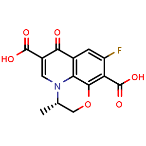 Chemical structure of (S)-9-Fluoro-3-methyl-7-oxo-2,3-dihydro-7H-[1,4]oxazino[2,3,4-ij]quinoline-6,10-dicarboxylic acid , CAS 165071-10-3, AChemBlock AD281843