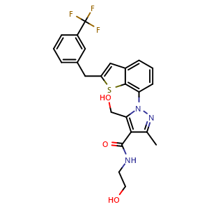 Chemical structure of N-(2-Hydroxyethyl)-5-(hydroxymethyl)-3-methyl-1-(2-(3-(trifluoromethyl)benzyl)benzo[b]thiophen-7-yl)-1H-pyrazole-4-carboxamide , CAS 1313195-88-8, AChemBlock AD281848