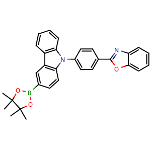 Chemical structure of 3-(4,4,5,5-Tetramethyl-1,3,2-dioxaborolan-2-yl)-9-(4-(benzoxazol-2-yl)phenyl)-9H-carbazole , CAS 2409788-85-6, AChemBlock AD281858