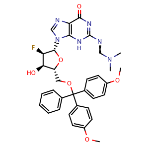Chemical structure of N'-(9-((2R,3R,4R,5R)-5-((bis(4-Methoxyphenyl)(phenyl)methoxy)methyl)-3-fluoro-4-hydroxytetrahydrofuran-2-yl)-6-oxo-6,9-dihydro-3H-purin-2-yl)-N,N-dimethylformimidamide , CAS 2377586-41-7, AChemBlock AD281865