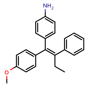 Chemical structure of 4-[(1E)-1-(4-Methoxyphenyl)-2-phenyl-1-buten-1-yl]benzenamine , CAS 2714549-56-9, AChemBlock AD281878
