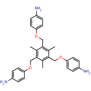Chemical structure of 4,4',4''-(((2,4,6-Trimethylbenzene-1,3,5-triyl)tris(methylene))tris(oxy))trianiline , CAS 1419639-46-5, AChemBlock AD281885