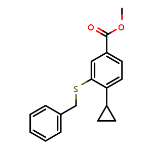 Chemical structure of Methyl 4-cyclopropyl-3-[(phenylmethyl)thio]benzoate , CAS 2420554-11-4, AChemBlock AD281911