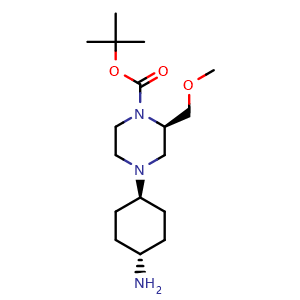Chemical structure of tert-Butyl (R)-4-((1r,4R)-4-aminocyclohexyl)-2-(methoxymethyl)piperazine-1-carboxylate , CAS 3023451-41-1, AChemBlock AD281927