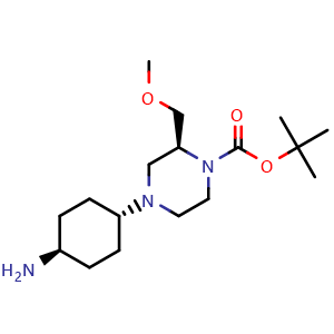 Chemical structure of tert-Butyl (S)-4-((1r,4S)-4-aminocyclohexyl)-2-(methoxymethyl)piperazine-1-carboxylate , CAS 3023452-27-6, AChemBlock AD281928