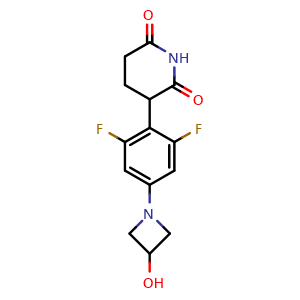 Chemical structure of 3-(2,6-Difluoro-4-(3-hydroxyazetidin-1-yl)phenyl)piperidine-2,6-dione , CAS 2924092-57-7, AChemBlock AD281929