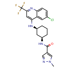 Chemical structure of N-((1R,3S)-3-((6-Chloro-2-(trifluoromethyl)quinolin-4-yl)amino)cyclohexyl)-1-methyl-1H-pyrazole-4-carboxamide , CAS 2765728-26-3, AChemBlock AD281932