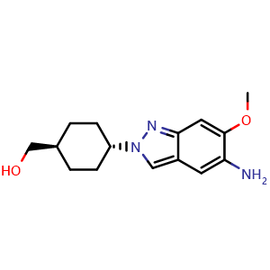 Chemical structure of rel-((1r,4r)-4-(5-Amino-6-methoxy-2H-indazol-2-yl)cyclohexyl)methanol , CAS 2573304-95-5, AChemBlock AD281935