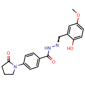 Chemical structure of N'-(2-Hydroxy-5-methoxybenzylidene)-4-(2-oxopyrrolidin-1-yl)benzohydrazide , CAS 331255-78-8, AChemBlock AD281937