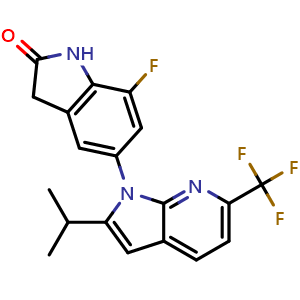 Chemical structure of 7-Fluoro-1,3-dihydro-5-[2-(1-methylethyl)-6-(trifluoromethyl)-1H-pyrrolo[2,3-b]pyridin-1-yl]-2H-indol-2-one , CAS 2034183-77-0, AChemBlock AD281939