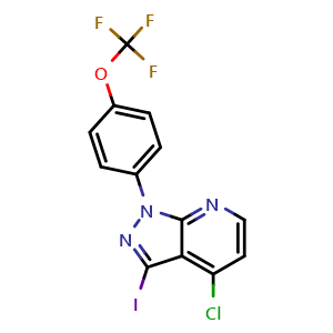 Chemical structure of 4-Chloro-3-iodo-1-(4-(trifluoromethoxy)phenyl)-1H-pyrazolo[3,4-b]pyridine , CAS 2933895-40-8, AChemBlock AD281948