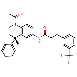 Chemical structure of (S)-N-(1-Acetyl-4-methyl-4-phenyl-1,2,3,4-tetrahydroquinolin-6-yl)-3-(3-(trifluoromethyl)phenyl)propanamide , CAS 1421683-12-6, AChemBlock AD281952