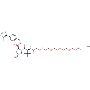 Chemical structure of (2S,4R)-1-((S)-1-Amino-17-(tert-butyl)-15-oxo-3,6,9,12-tetraoxa-16-azaoctadecan-18-oyl)-4-hydroxy-N-(4-(4-methylthiazol-5-yl)benzyl)pyrrolidine-2-carboxamide hydrochloride , CAS 2376139-48-7, AChemBlock AD281954