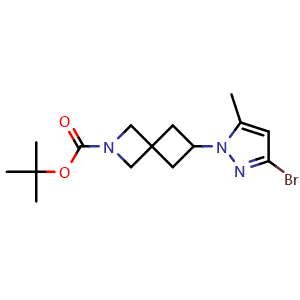 Chemical structure of tert-Butyl 6-(3-bromo-5-methyl-1H-pyrazol-1-yl)-2-azaspiro[3.3]heptane-2-carboxylate , CAS 2653202-13-0, AChemBlock AD281955