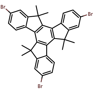 Chemical structure of 2,7,12-Tribromo-10,15-dihydro-5,5,10,10,15,15-hexamethyl-5H-tribenzo[a,f,k]trindene , CAS 1401228-10-1, AChemBlock AD281978