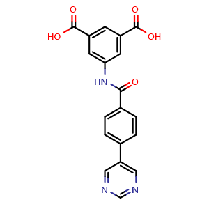 Chemical structure of 5-[[4-(5-Pyrimidinyl)benzoyl]amino]-1,3-benzenedicarboxylic acid , CAS 2023822-81-1, AChemBlock AD281983