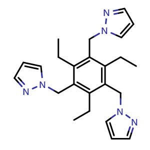 Chemical structure of 1,1',1''-((2,4,6-Triethylbenzene-1,3,5-triyl)tris(methylene))tris(1H-pyrazole) , CAS 188883-42-3, AChemBlock AD281987
