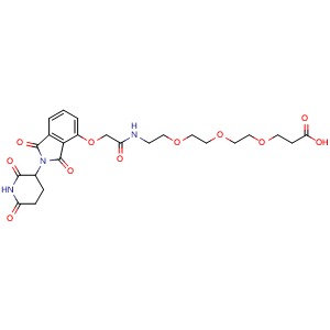 Chemical structure of 1-((2-(2,6-Dioxopiperidin-3-yl)-1,3-dioxoisoindolin-4-yl)oxy)-2-oxo-6,9,12-trioxa-3-azapentadecan-15-oic acid , CAS 2569295-14-1, AChemBlock AD281995