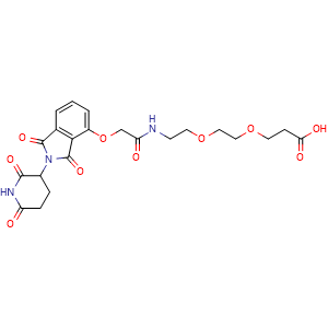 Chemical structure of 3-(2-(2-(2-((2-(2,6-Dioxopiperidin-3-yl)-1,3-dioxoisoindolin-4-yl)oxy)acetamido)ethoxy)ethoxy)propanoic acid , CAS 2700243-67-8, AChemBlock AD281996
