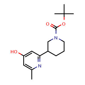 Chemical structure of 1,1-Dimethylethyl 3-(4-hydroxy-6-methyl-2-pyridinyl)-1-piperidinecarboxylate , CAS 2099036-74-3, AChemBlock AD282004
