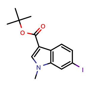 Chemical structure of 1,1-Dimethylethyl 6-iodo-1-methyl-1H-indole-3-carboxylate , CAS 1103501-14-9, AChemBlock AD282007
