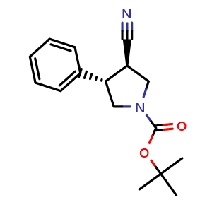 Chemical structure of 1,1-Dimethylethyl (3R,4S)-3-cyano-4-phenyl-1-pyrrolidinecarboxylate , CAS 2281857-00-7, AChemBlock AD282016