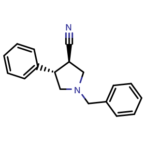 Chemical structure of (3R,4S)-1-Benzyl-4-phenylpyrrolidine-3-carbonitrile , CAS 1201575-00-9, AChemBlock AD282017