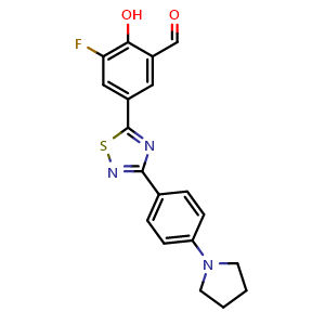Chemical structure of 3-Fluoro-2-hydroxy-5-(3-(4-(pyrrolidin-1-yl)phenyl)-1,2,4-thiadiazol-5-yl)benzaldehyde , CAS 2490493-11-1, AChemBlock AD282026