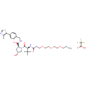 Chemical structure of (2S,4R)-1-((S)-1-Amino-14-(tert-butyl)-12-oxo-3,6,9-trioxa-13-azapentadecan-15-oyl)-4-hydroxy-N-(4-(4-methylthiazol-5-yl)benzyl)pyrrolidine-2-carboxamide 2,2,2-trifluoroacetate , CAS 2768514-14-1, AChemBlock AD282028
