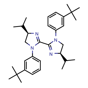 Chemical structure of (4R,4'R)-1,1'-Bis(3-(tert-butyl)phenyl)-4,4'-diisopropyl-4,4',5,5'-tetrahydro-1H,1'H-2,2'-biimidazole , CAS 2641594-37-6, AChemBlock AD282040