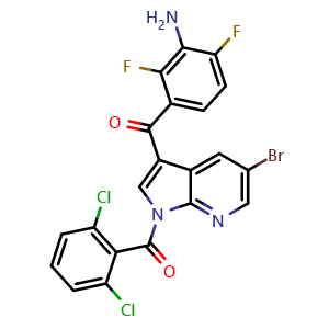 Chemical structure of (3-(3-Amino-2,4-difluorobenzoyl)-5-bromo-1H-pyrrolo[2,3-b]pyridin-1-yl)(2,6-dichlorophenyl)methanone , CAS 2409141-17-7, AChemBlock AD282049