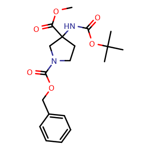 Chemical structure of 1-Benzyl 3-methyl 3-((tert-butoxycarbonyl)amino)pyrrolidine-1,3-dicarboxylate , CAS 675834-18-1, AChemBlock AD282050