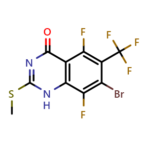 Chemical structure of 7-Bromo-5,8-difluoro-2-(methylthio)-6-(trifluoromethyl)quinazolin-4(1H)-one , CAS 3068390-57-5, AChemBlock AD282060