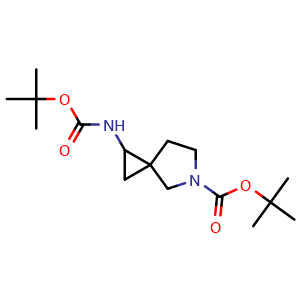 Chemical structure of tert-Butyl 1-((tert-butoxycarbonyl)amino)-5-azaspiro[2.4]heptane-5-carboxylate , CAS 150543-46-7, AChemBlock AD282062